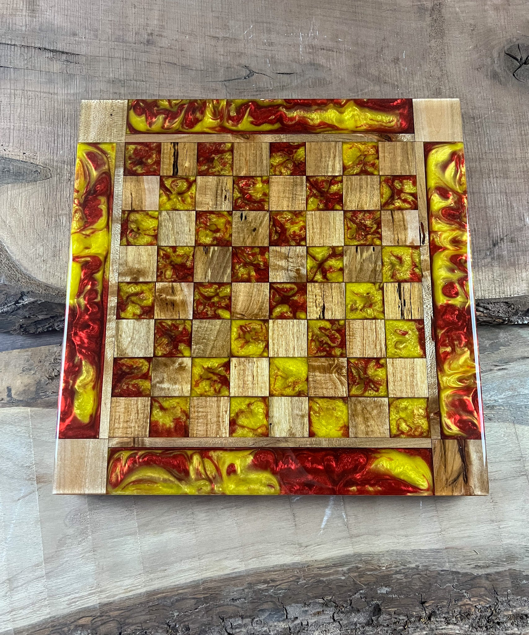 Vivid Yellow Red Lava Maple Wood Chess Board (With Border)