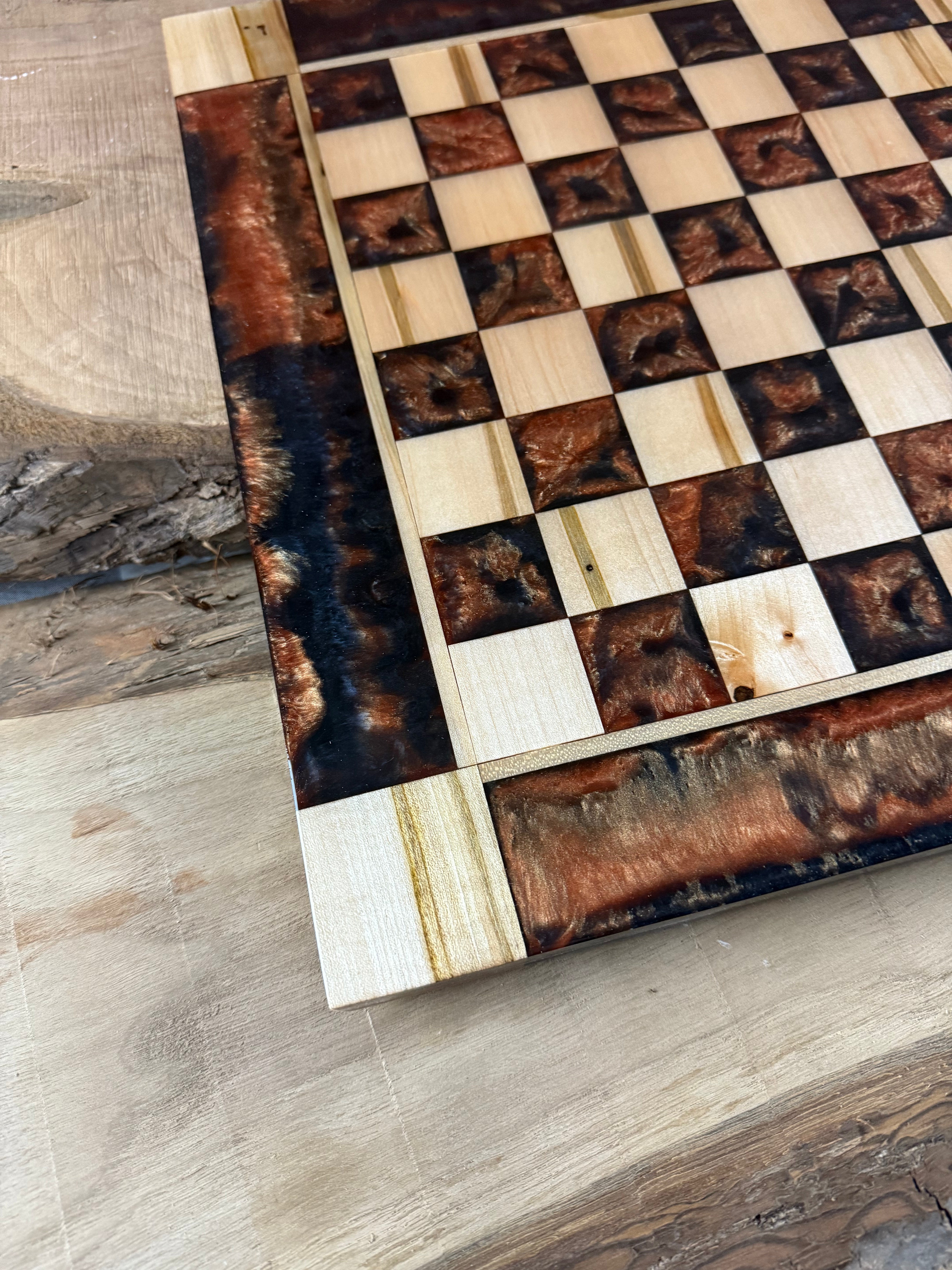 Black Onyx Copper Maple Wood Chess Board (Glass Chess Set Included)