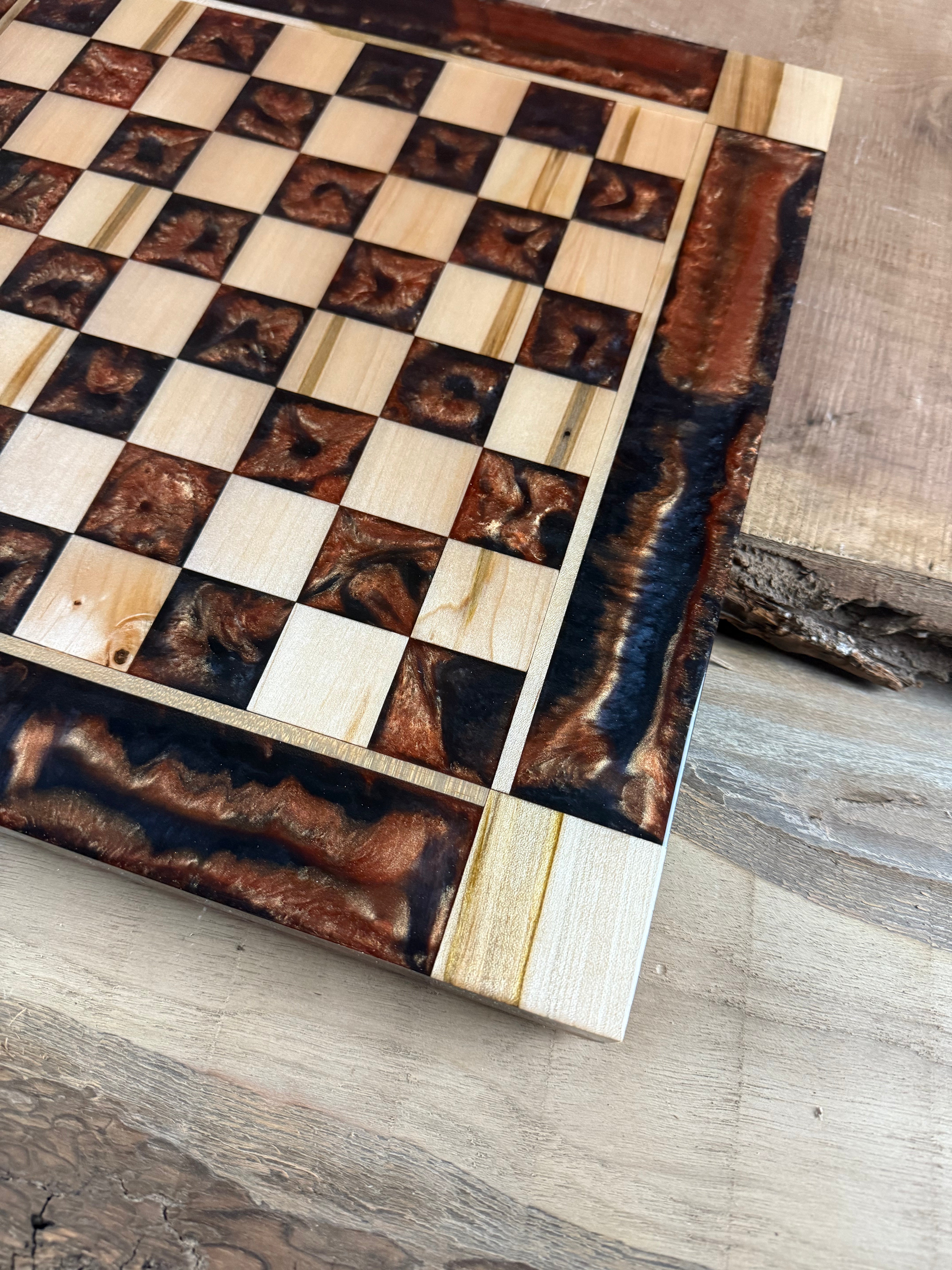 Black Onyx Copper Maple Wood Chess Board (Glass Chess Set Included)