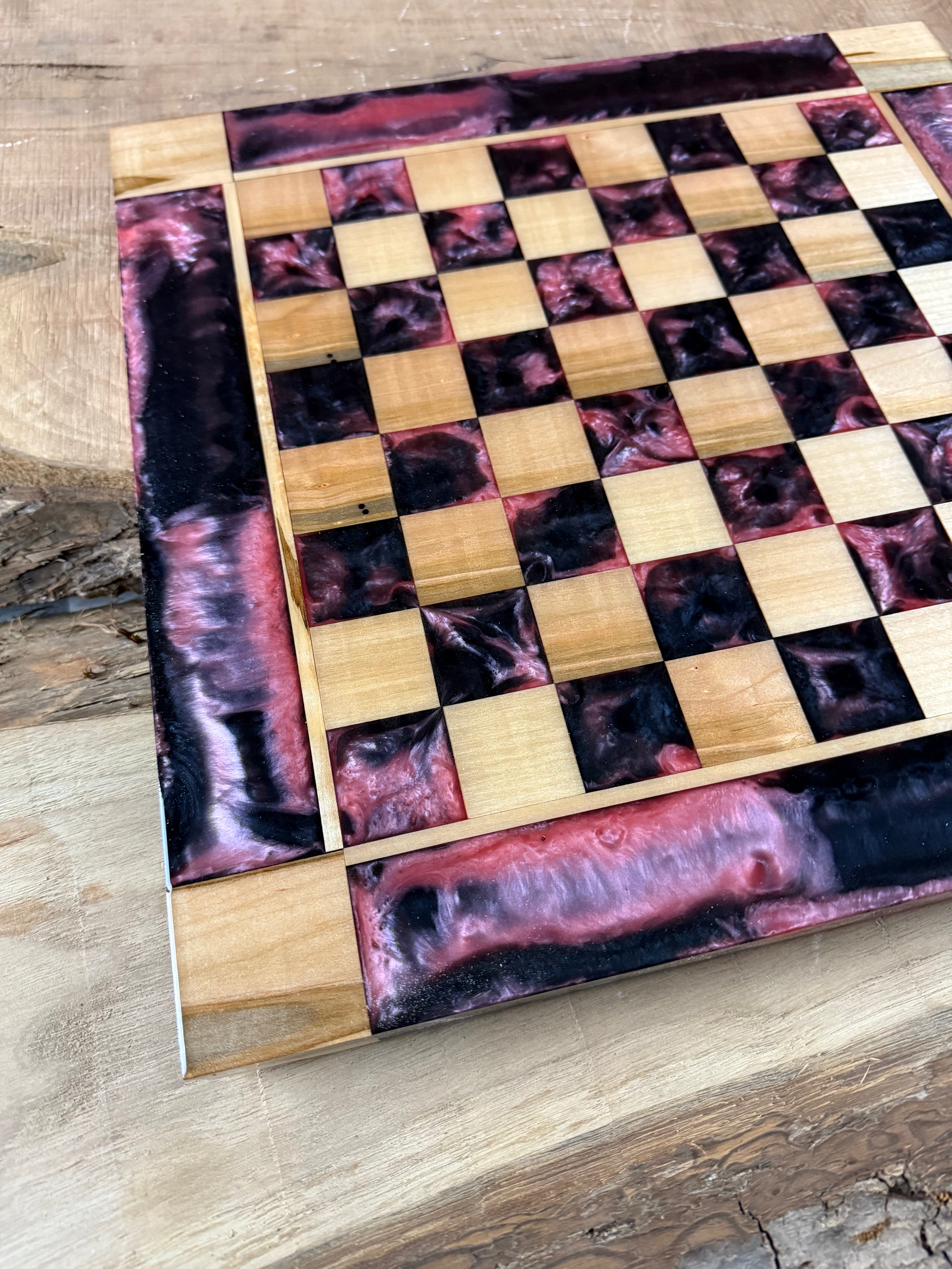 Black Onyx Pink Pearl Maple Wood Chess Board (INCLUDES PIECES)
