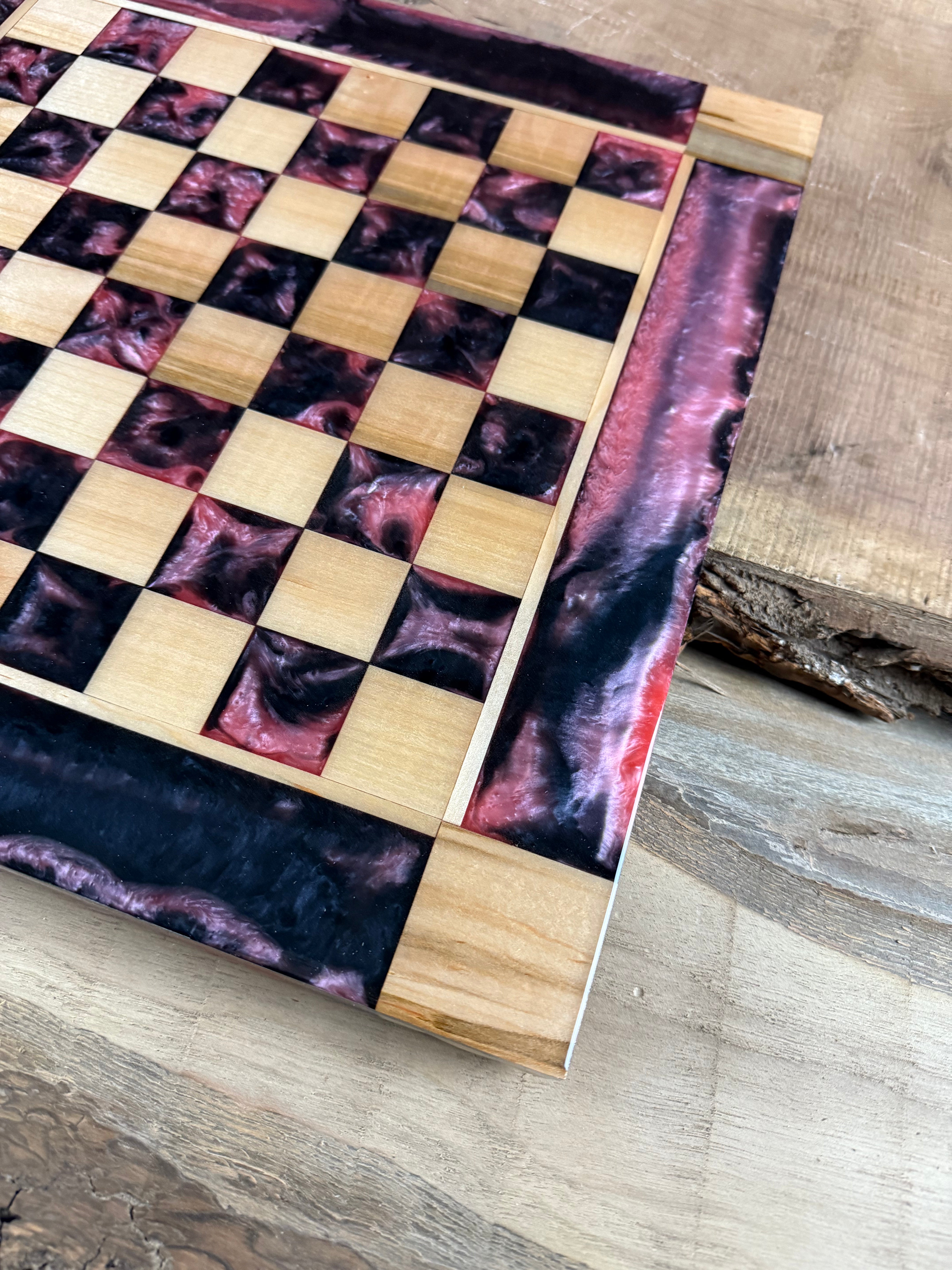 Black Onyx Pink Pearl Maple Wood Chess Board (INCLUDES PIECES)
