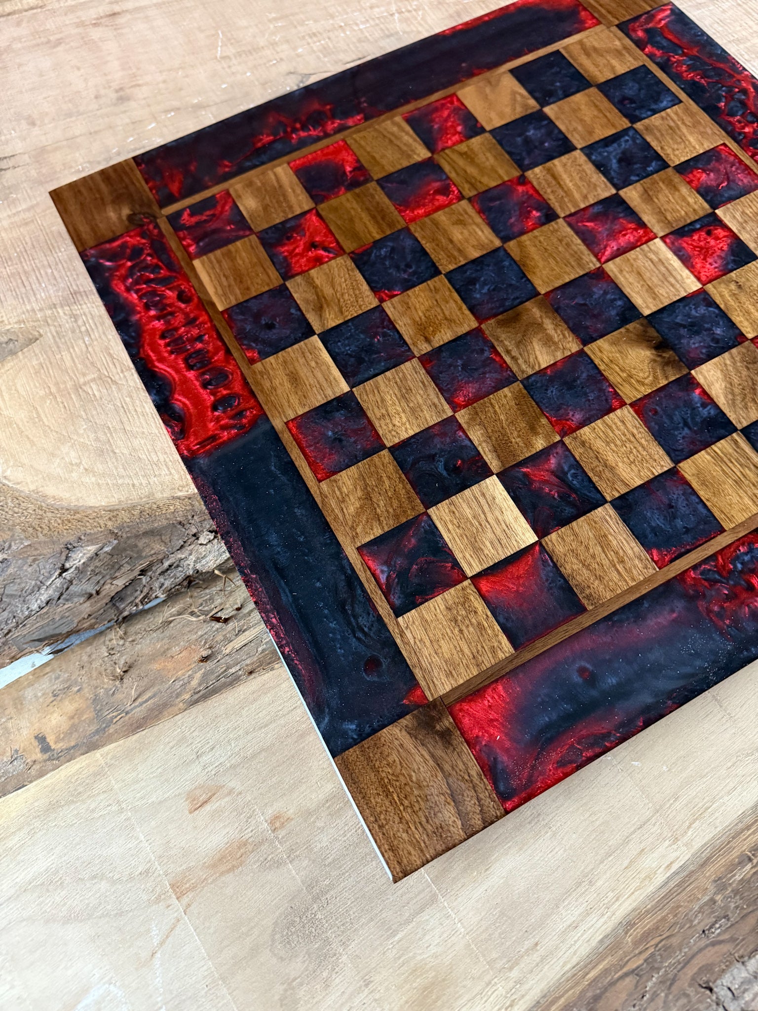 Black Onyx Red Lava Black Walnut Chess Board (INCLUDES GLASS PIECES)
