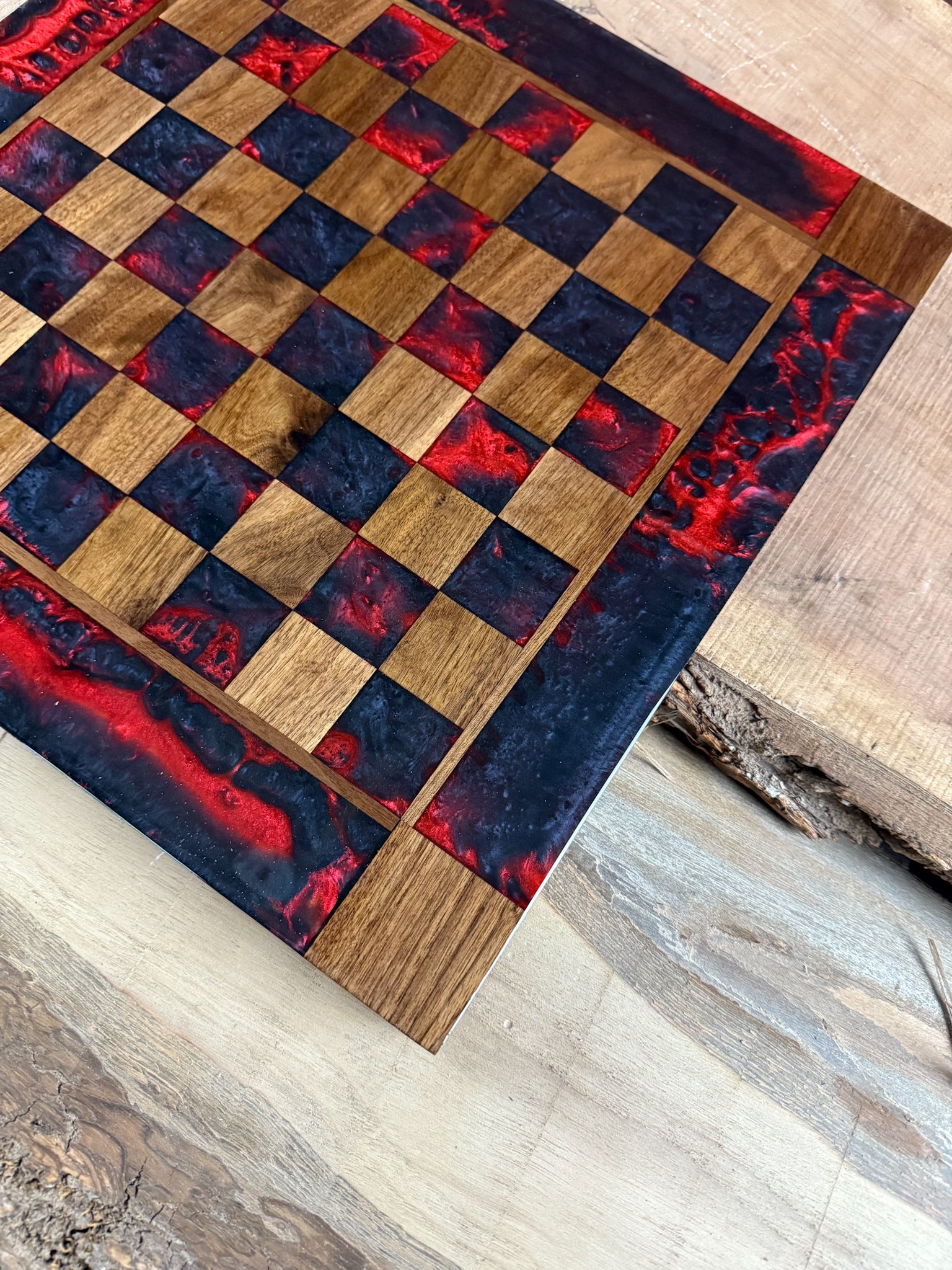 Black Onyx Red Lava Black Walnut Chess Board (INCLUDES GLASS PIECES)
