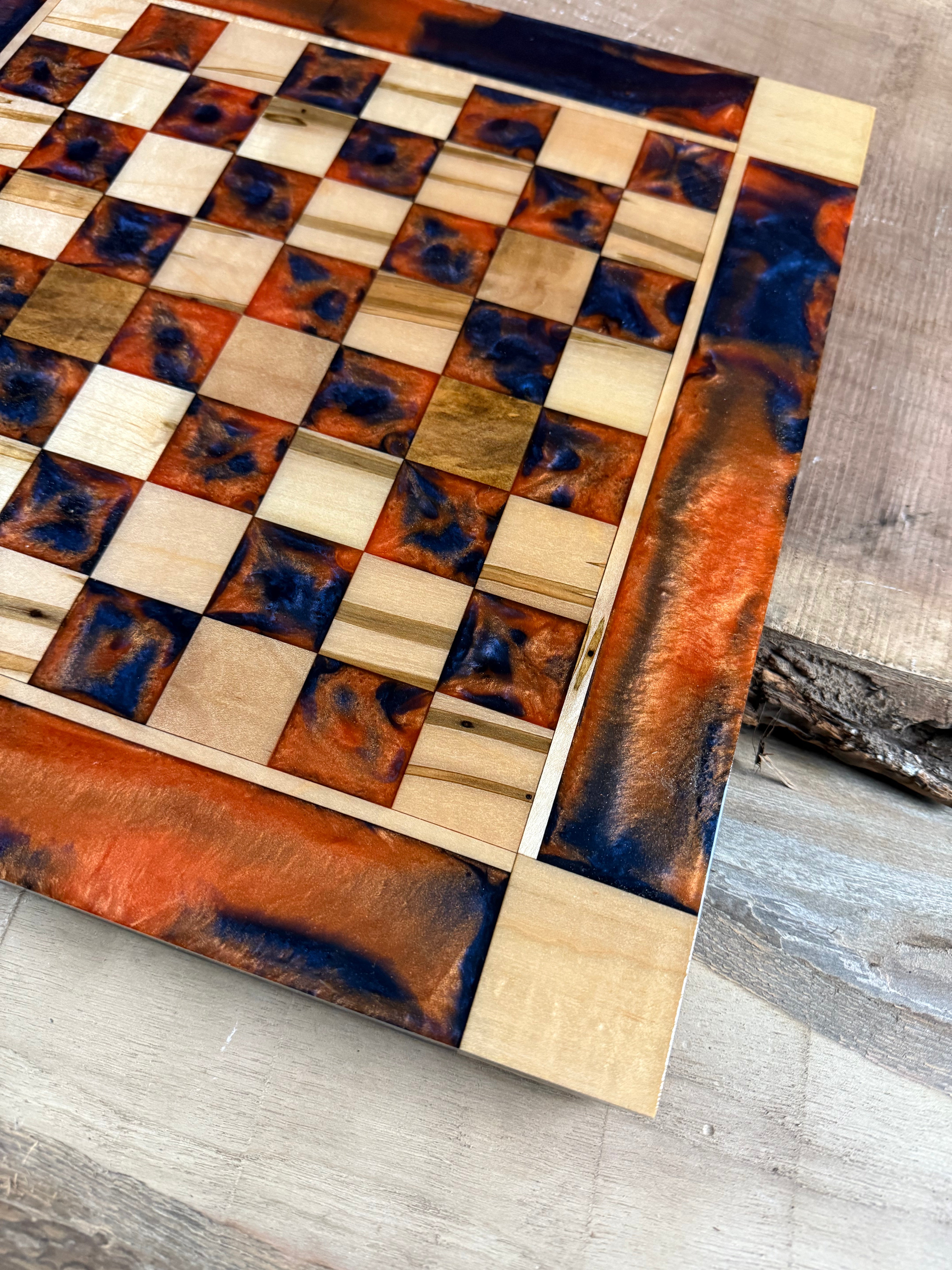Vivid Orange Dark Blue Maple Wood Chess Checker Board (Glass Chess Set Included)
