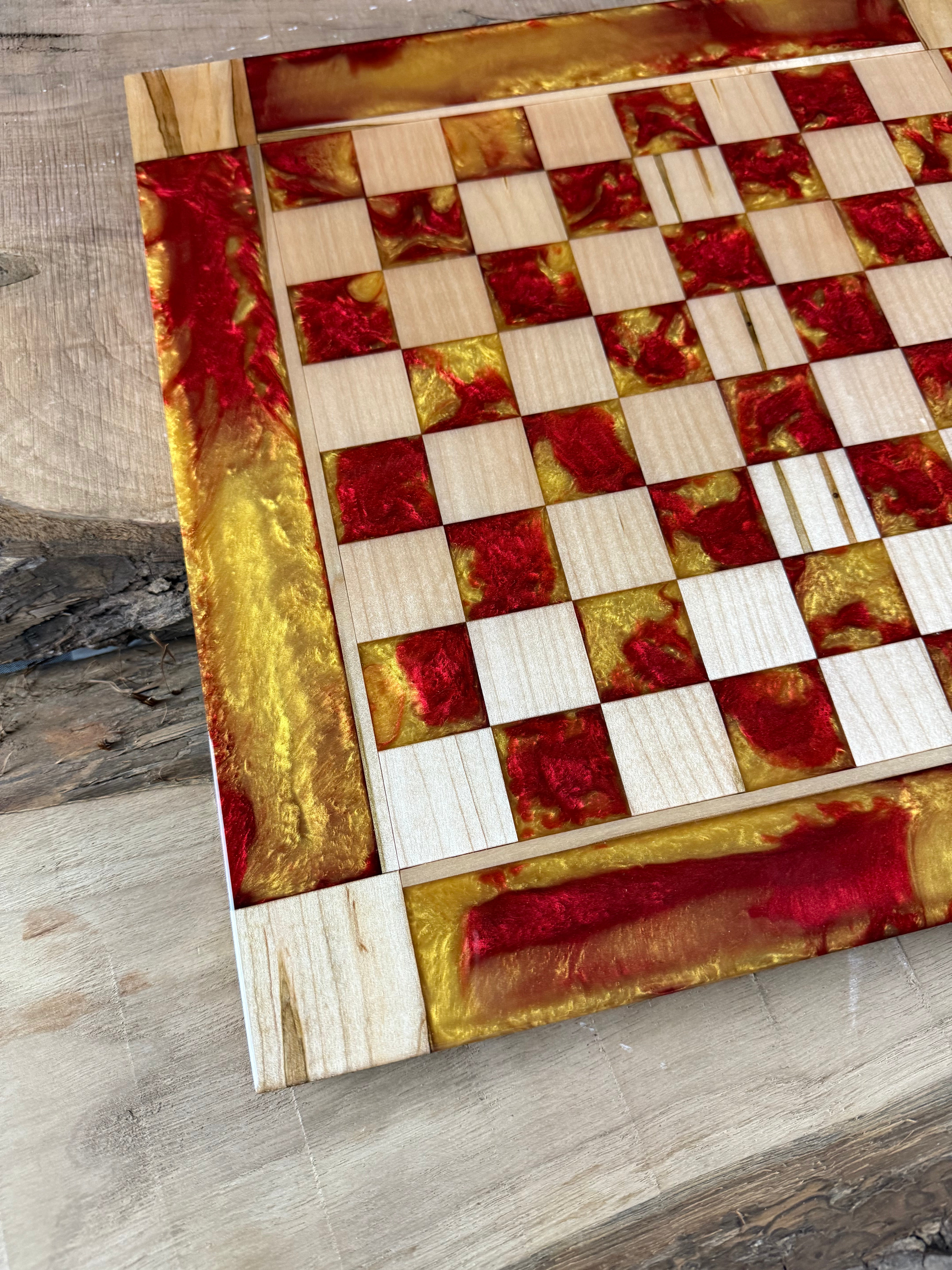 Red Lava Golden Maple Wood Chess Board (Glass Chess Set Included)