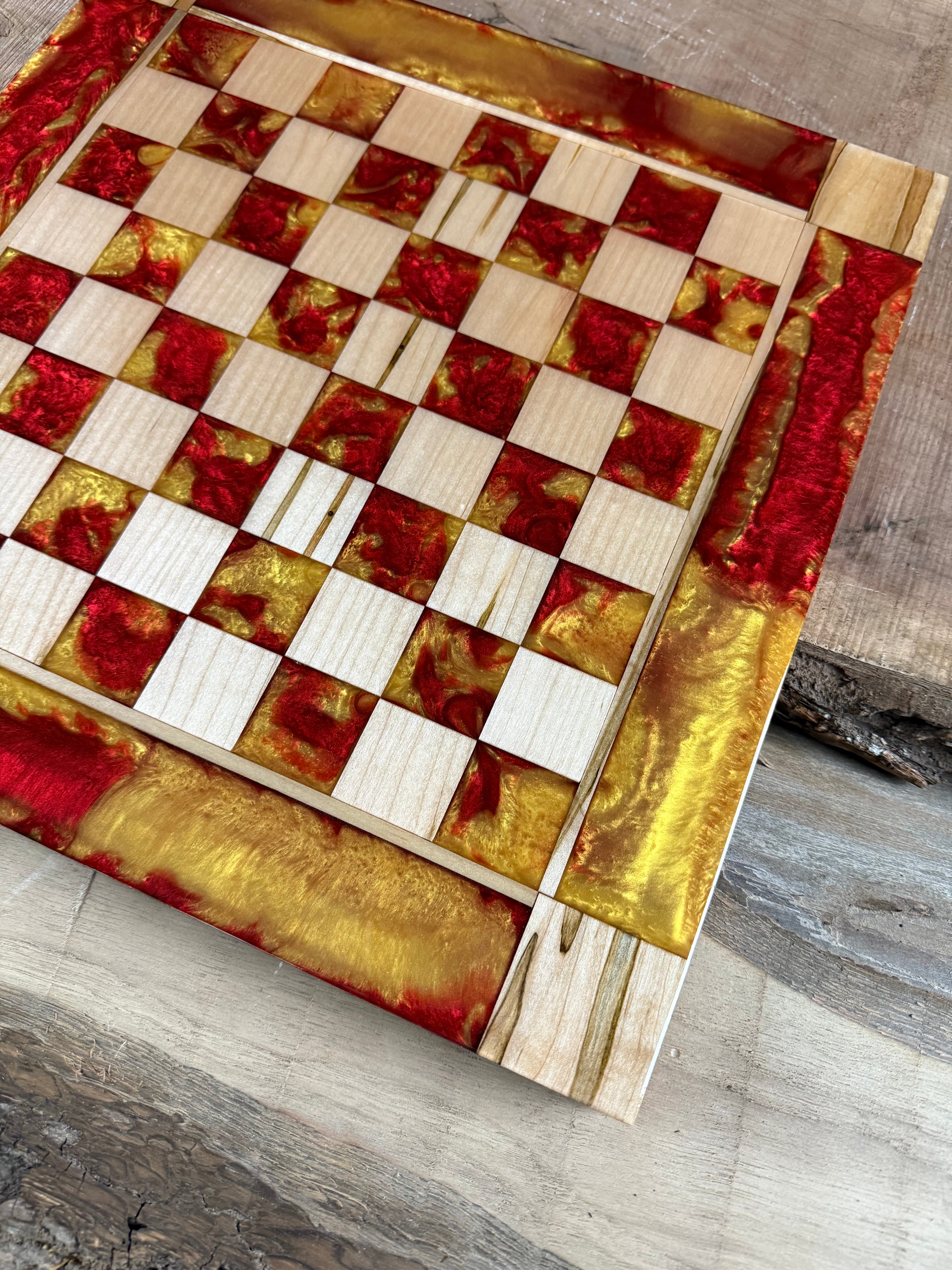Red Lava Golden Maple Wood Chess Board (Glass Chess Set Included)
