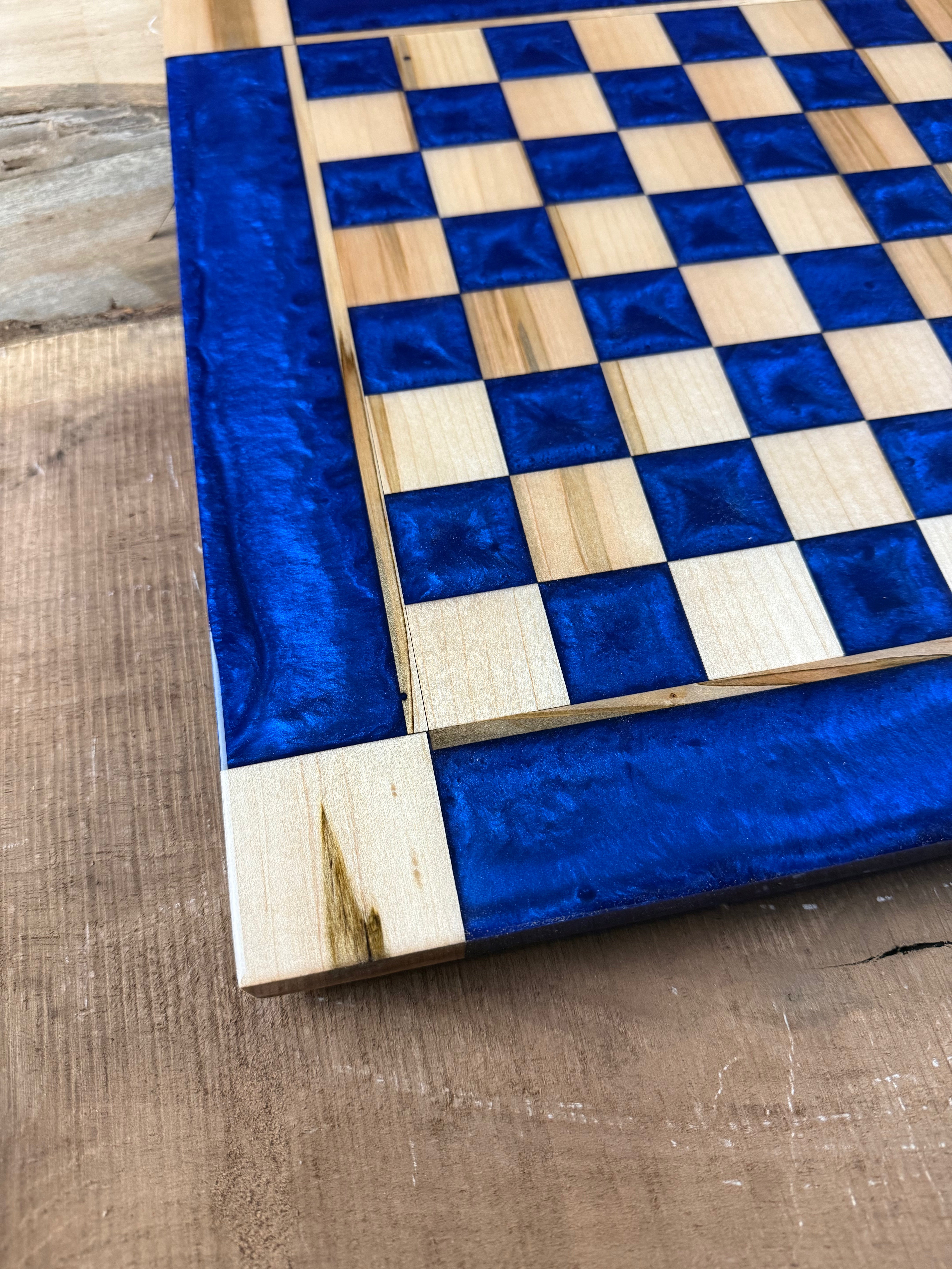 Deep Blue Maple Wood Chess Board (Glass Chess Set Included)