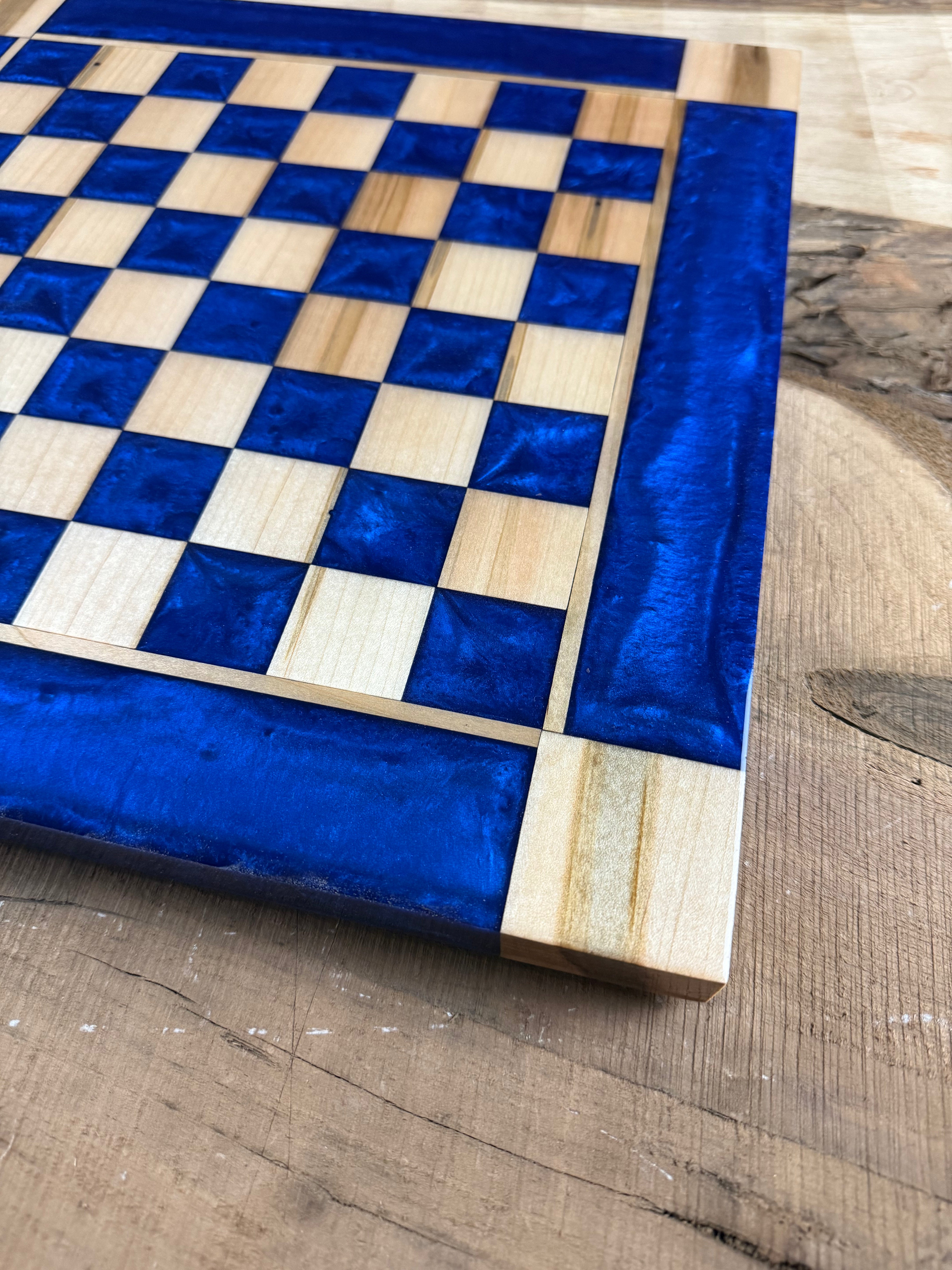 Deep Blue Maple Wood Chess Board (Glass Chess Set Included)