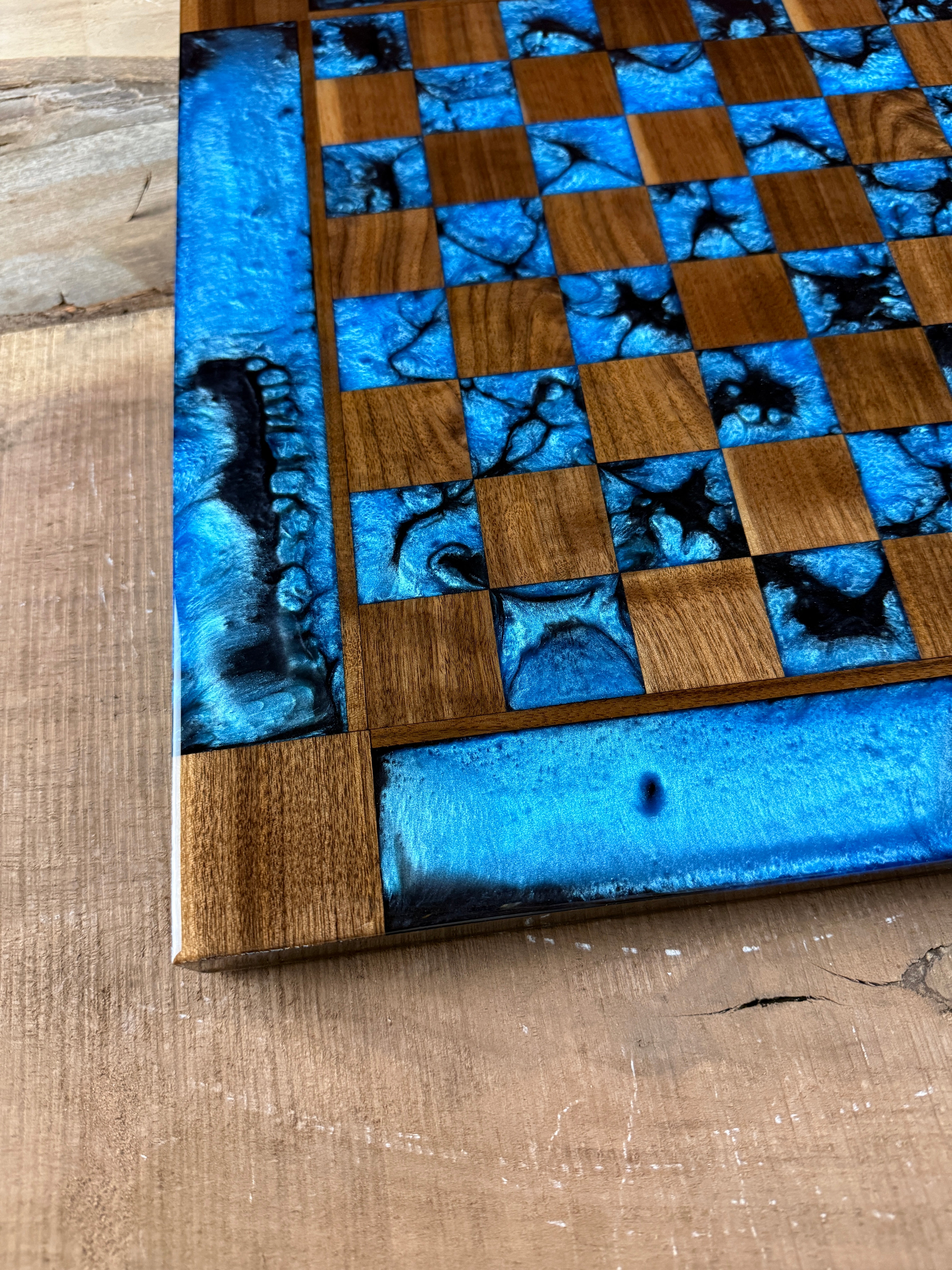 Caribbean Blue Black Onyx Walnut Chess Board (INCLUDES PIECES)