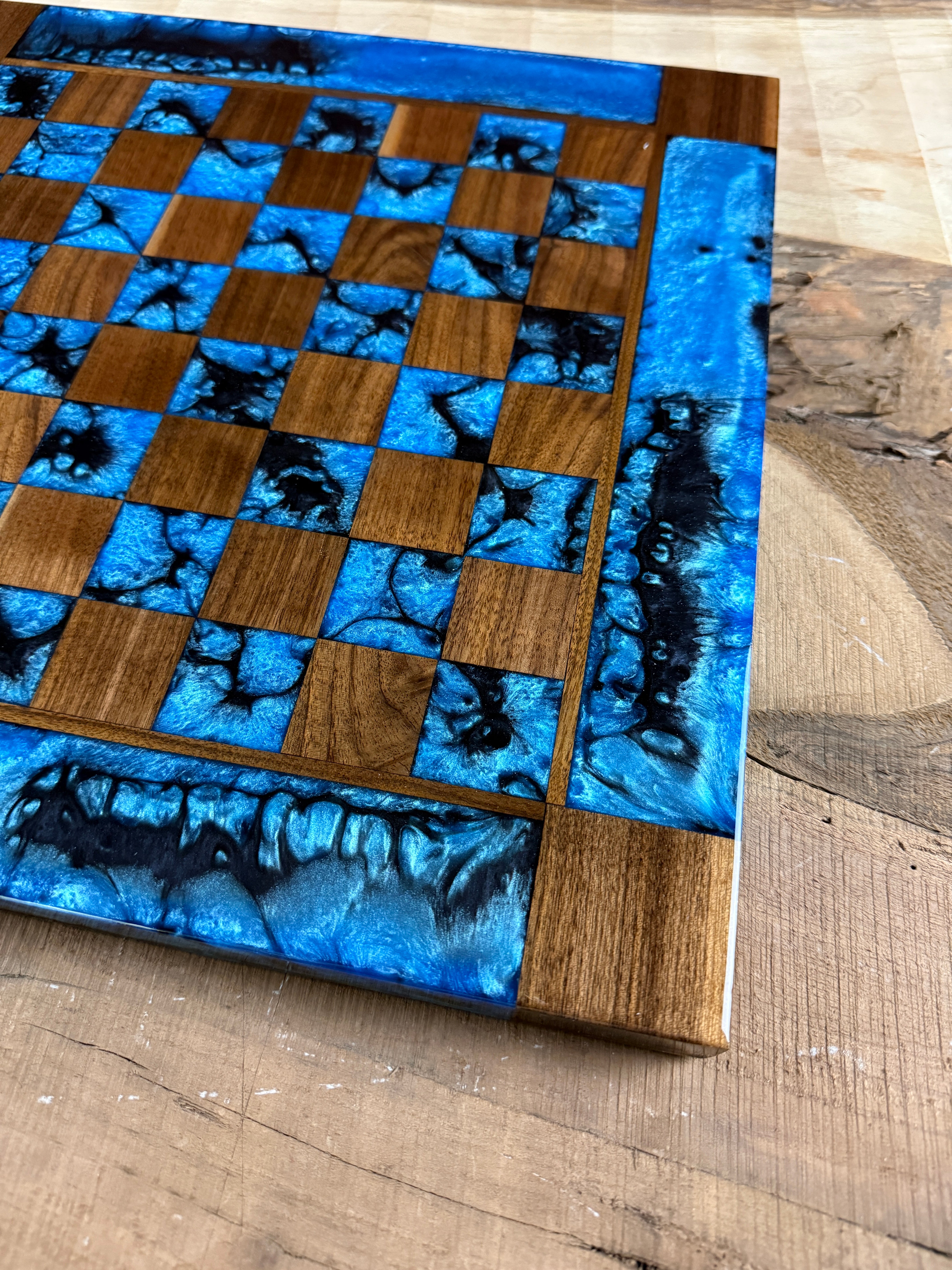Caribbean Blue Black Onyx Walnut Chess Board (INCLUDES PIECES)