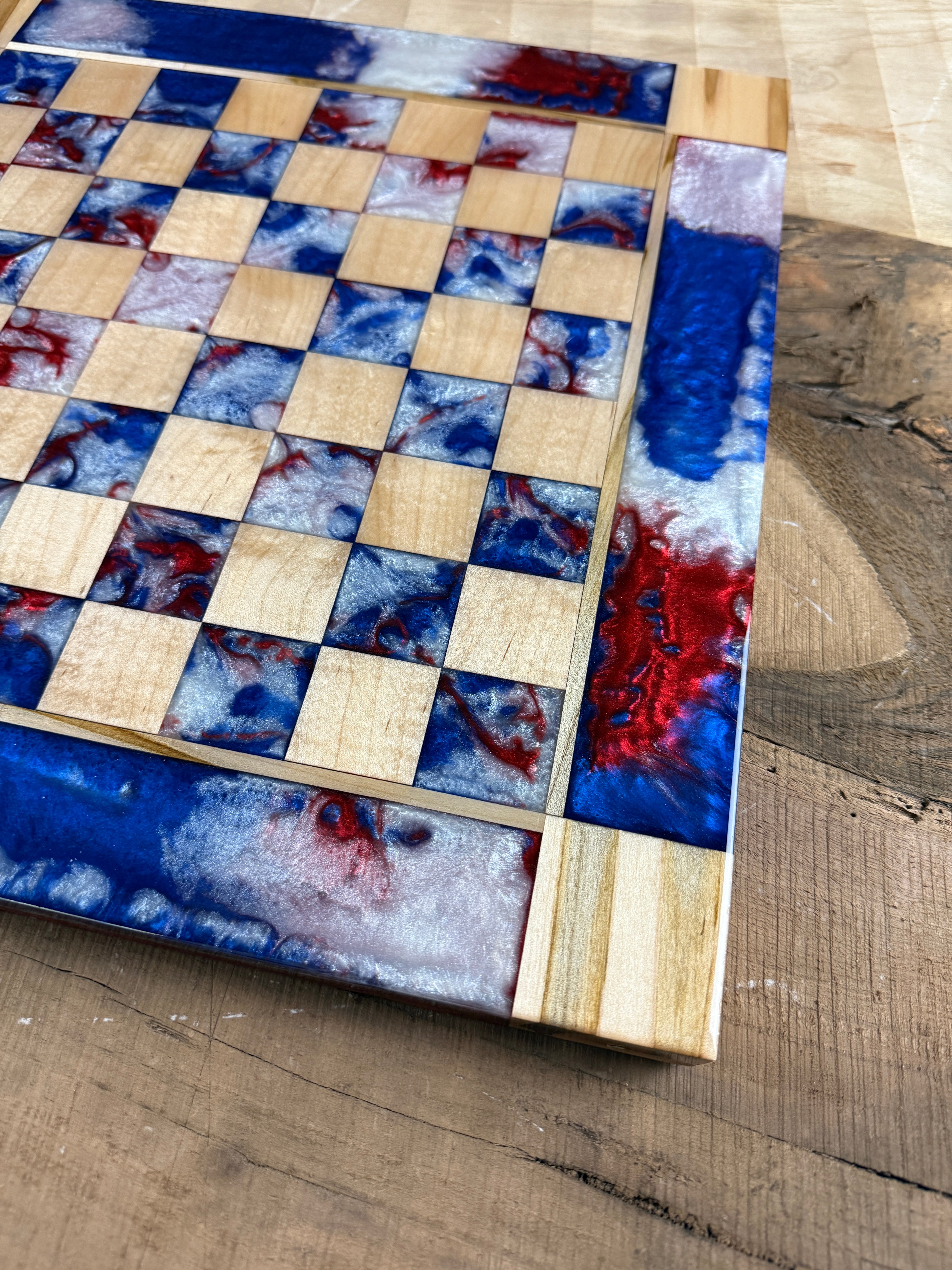 Red White & Blue Maple Wood Chess Board (INLCUDES PIECES)