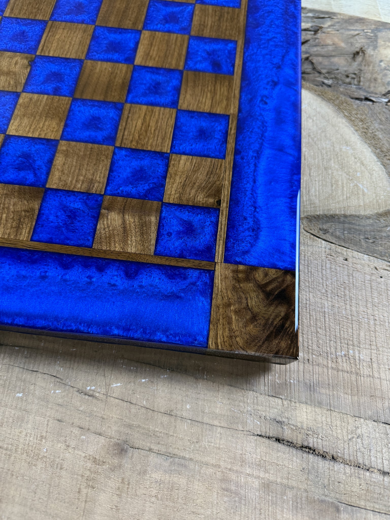 Deep Blue Walnut Chess Board (Glass Chess Set Included)