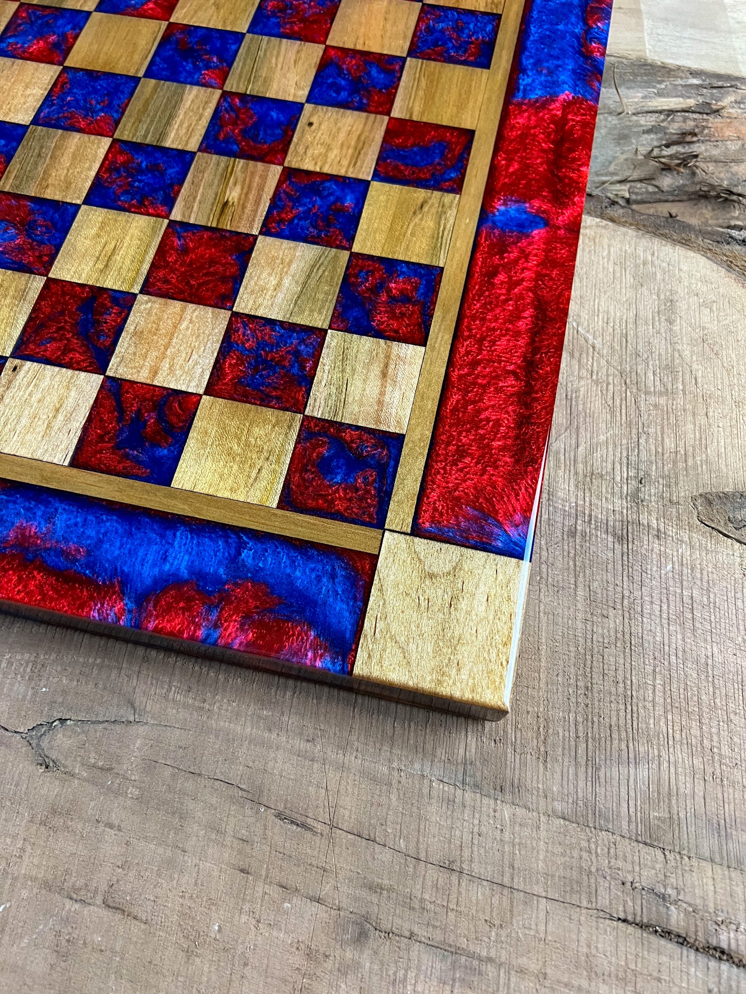 Deep Blue Red Lava Maple Wood Chess Board (With Border)