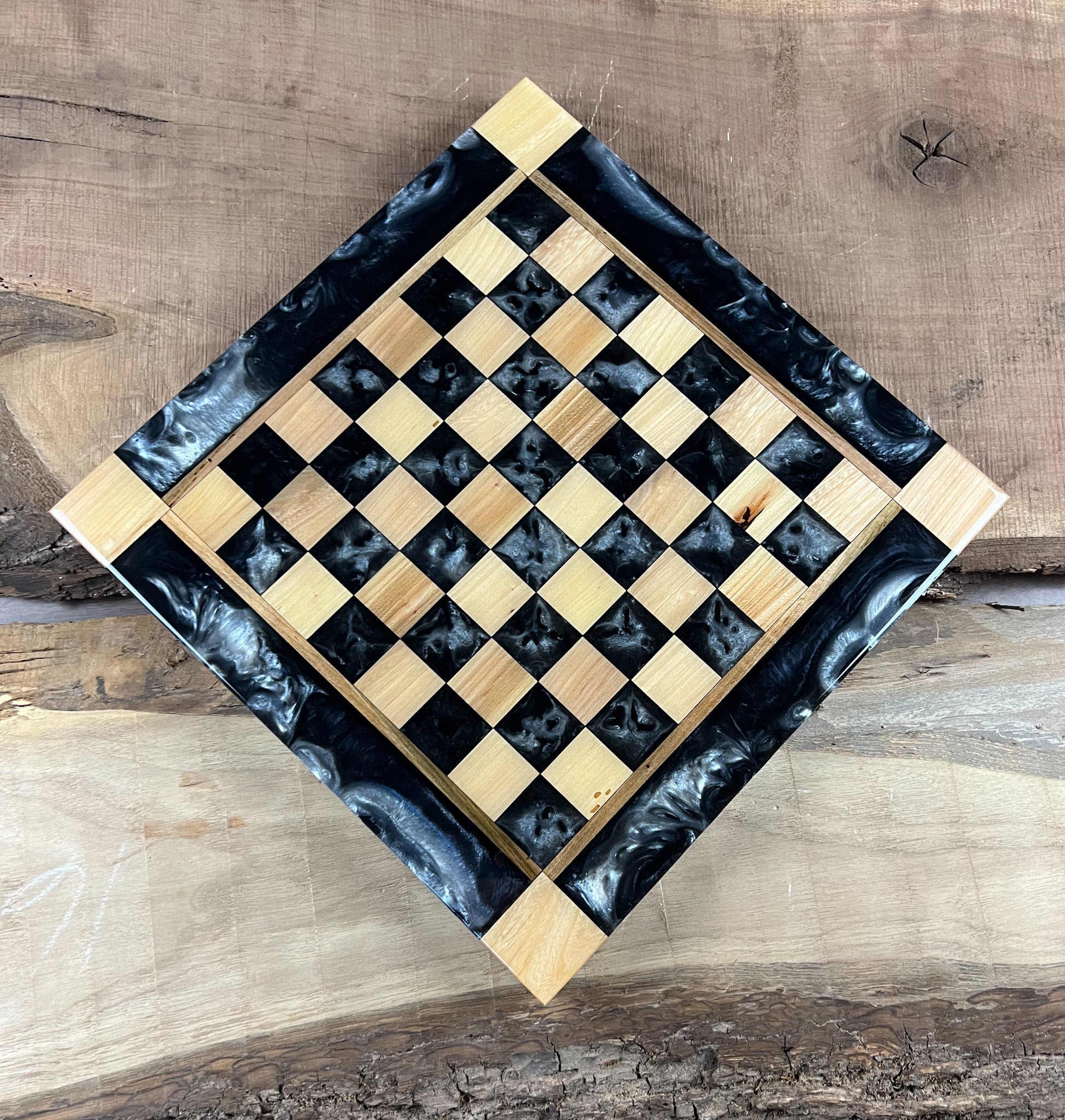 Black Onyx Silver Maple Wood Chess Board (With Border)