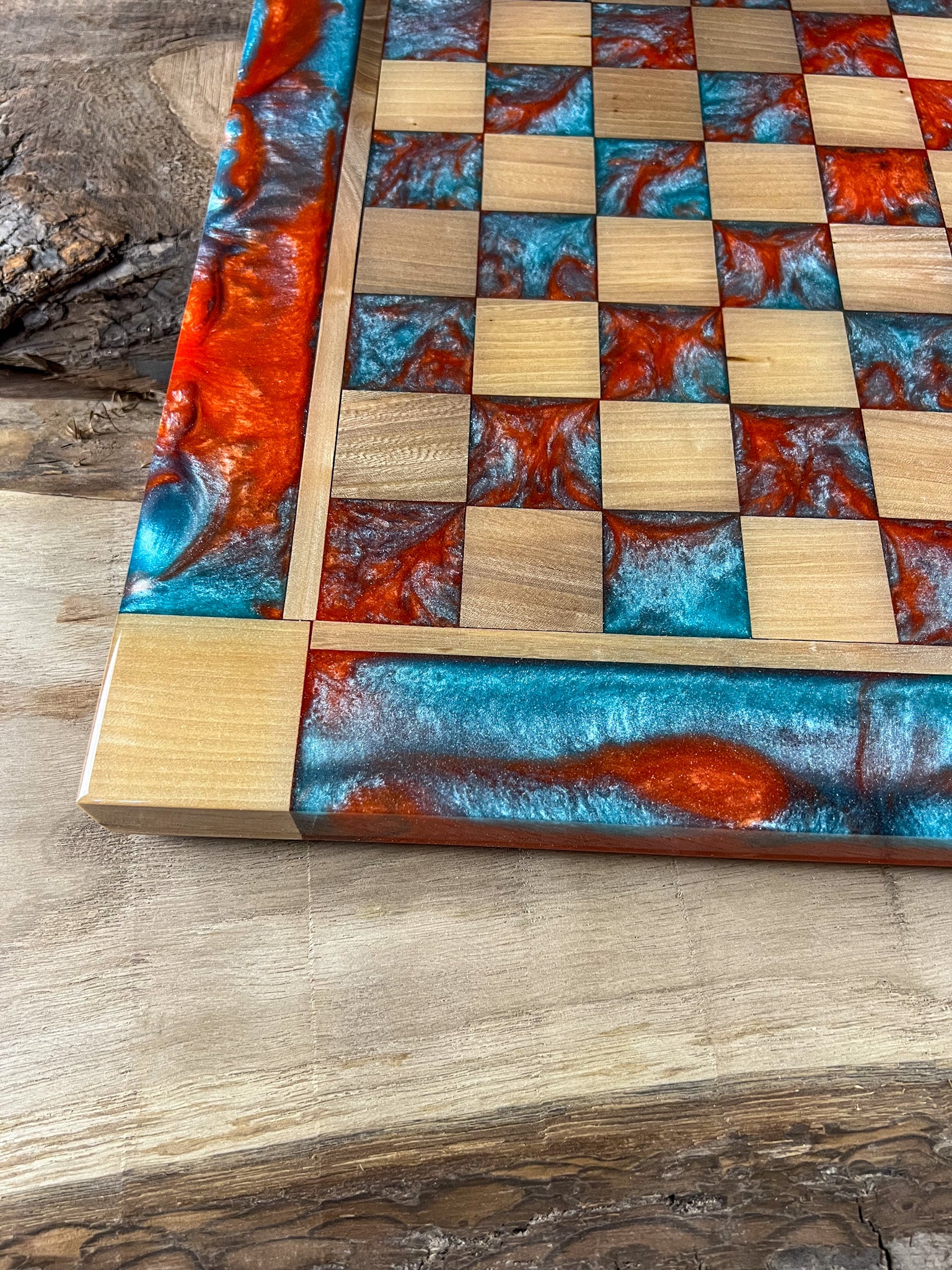 Vivid Orange Teal Maple Wood Chess Board (With Border)