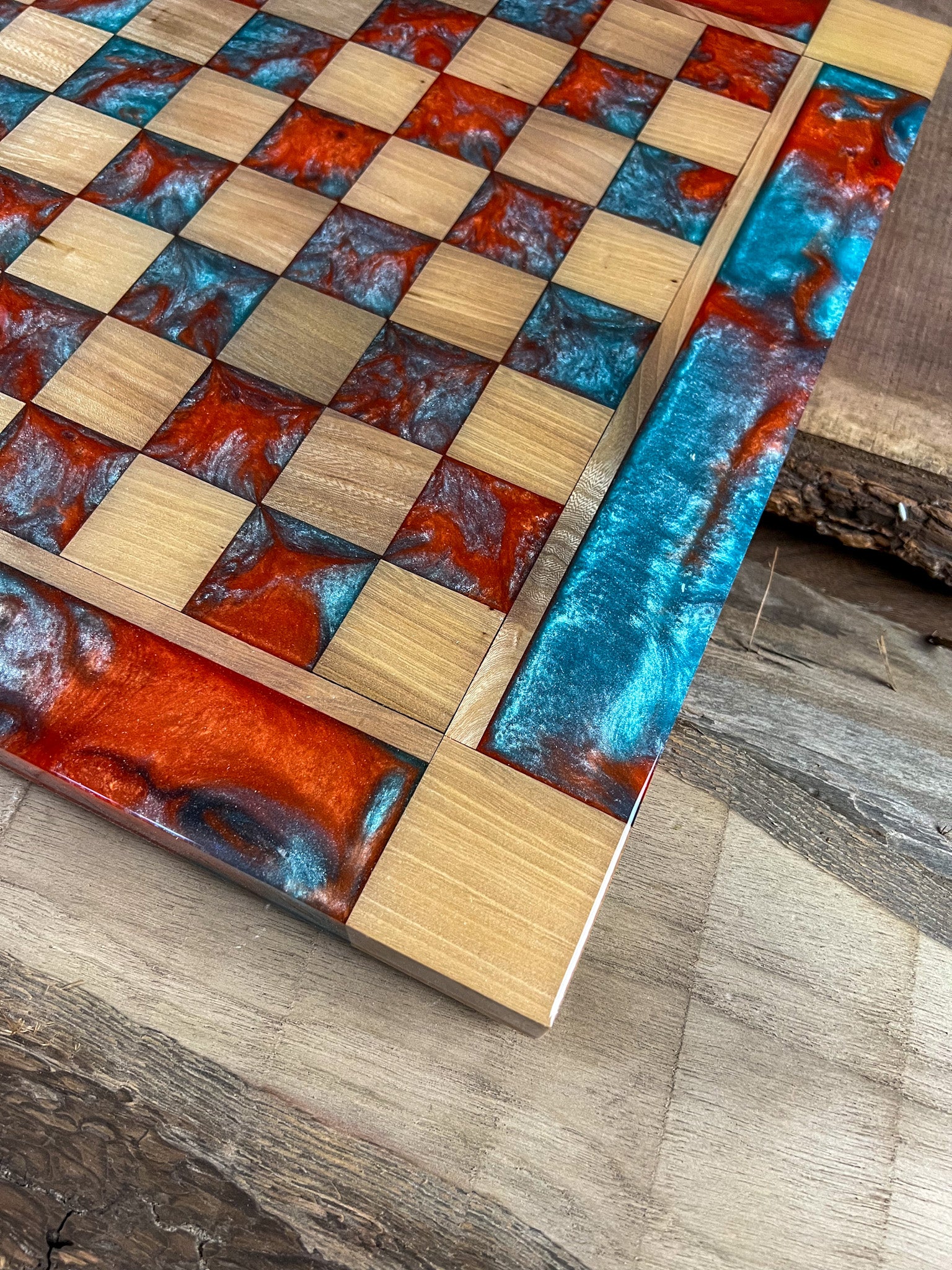 Vivid Orange Teal Maple Wood Chess Board (With Border)