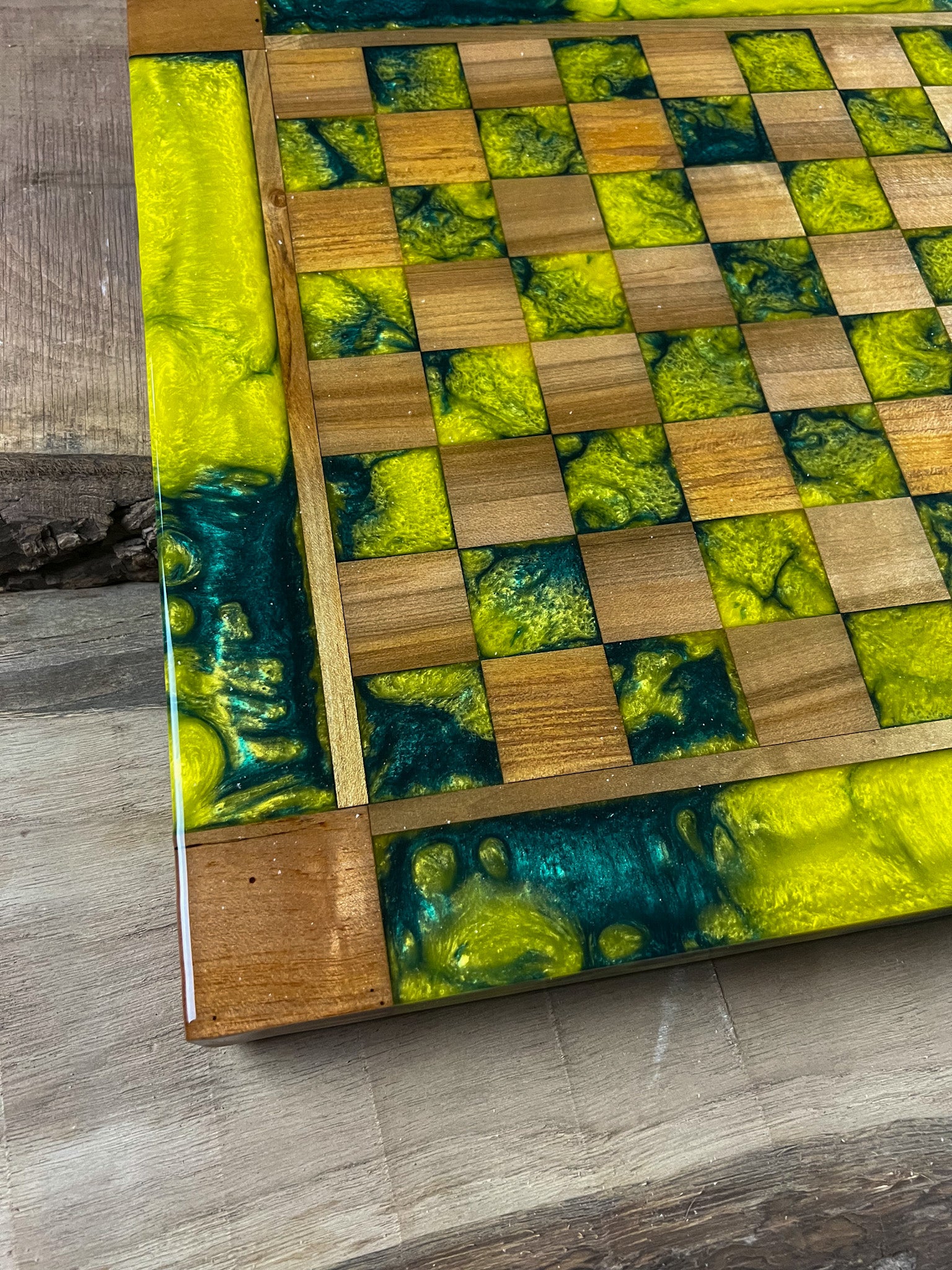 Vivid Golden Emerald Maple Wood Chess Board (With Border)