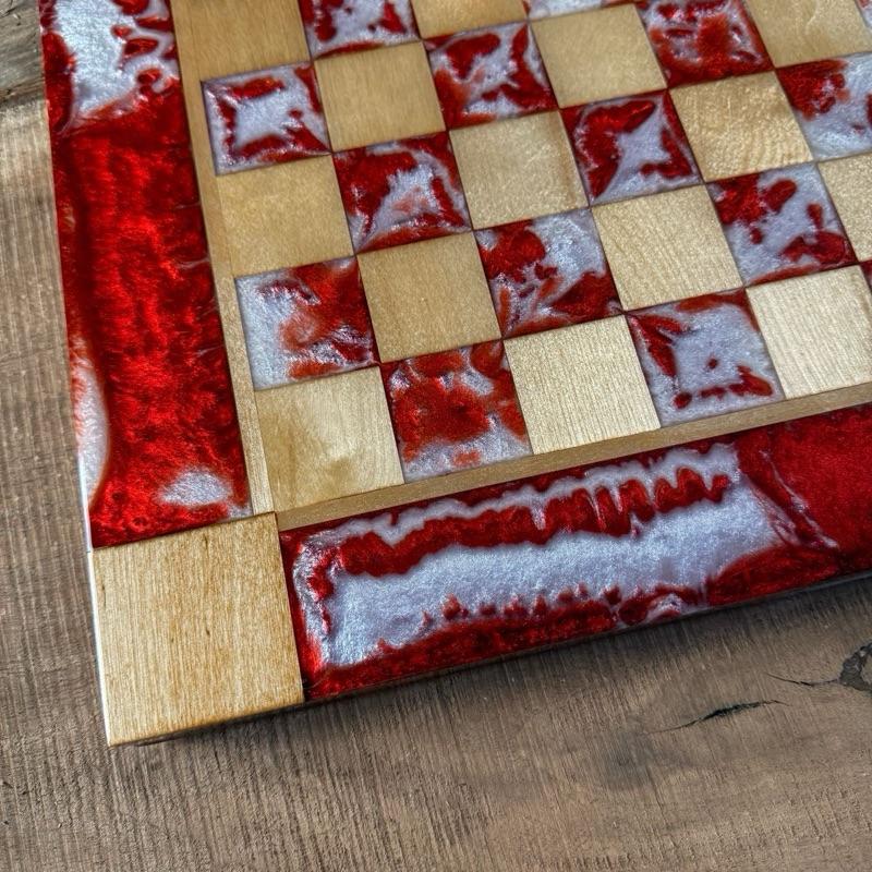 Red Lava Pearl White Maple Wood Chess Board (INCLUDES PIECES)