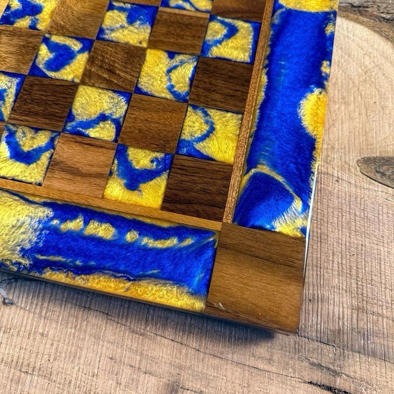 Golden Deep Blue Walnut Wood Chess Board (INCLUDES PIECES)