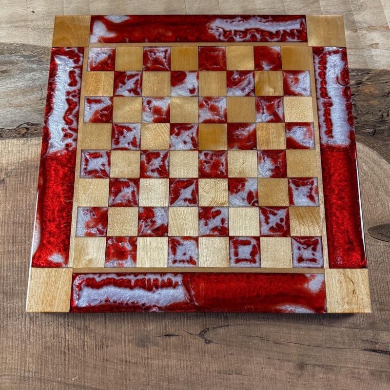 Red Lava Pearl White Maple Wood Chess Board (INCLUDES PIECES)