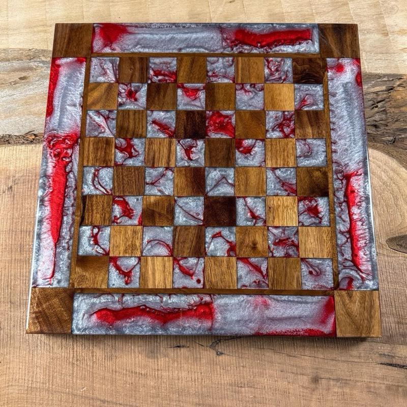 Silver Red Cloud Walnut Wood Chess Board (INCLUDES PIECES)