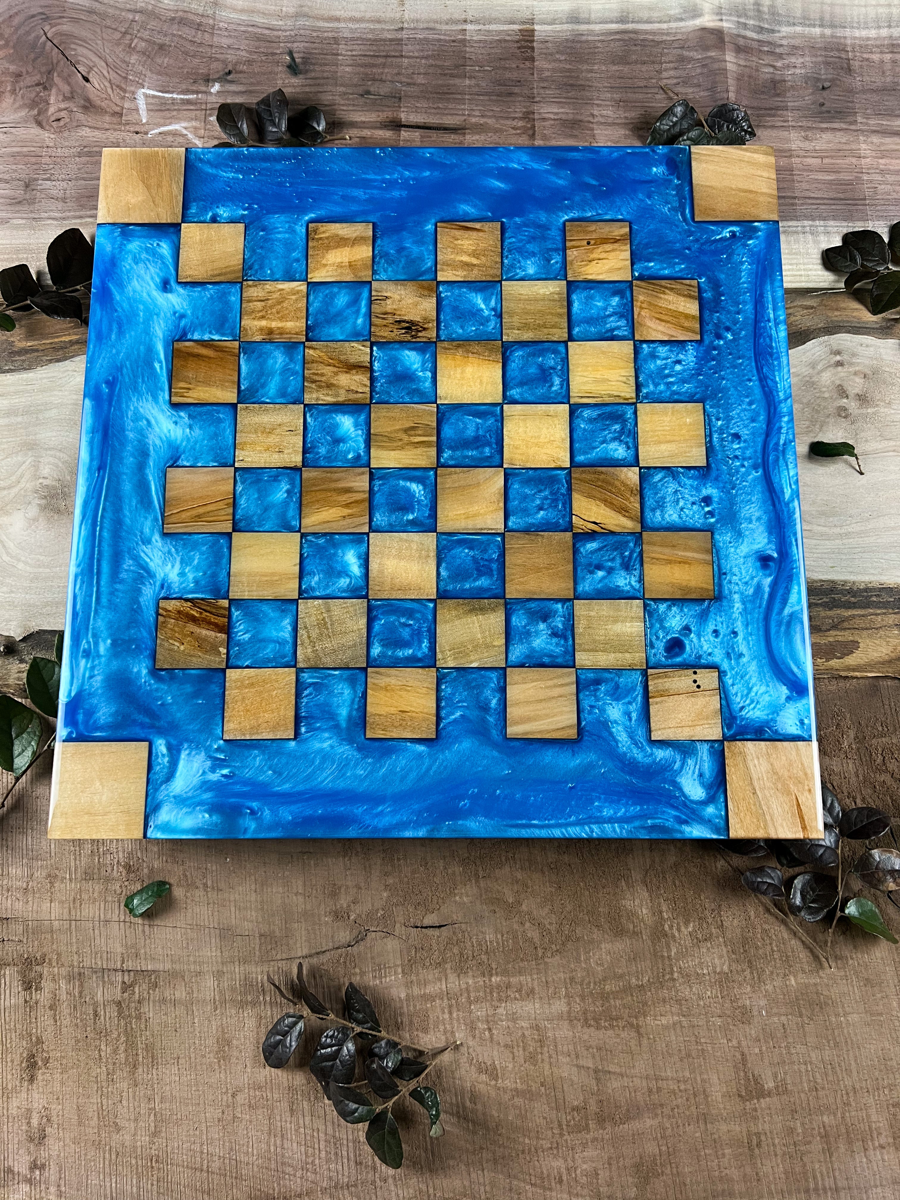 Maple Wood Caribbean Blue Chess Board