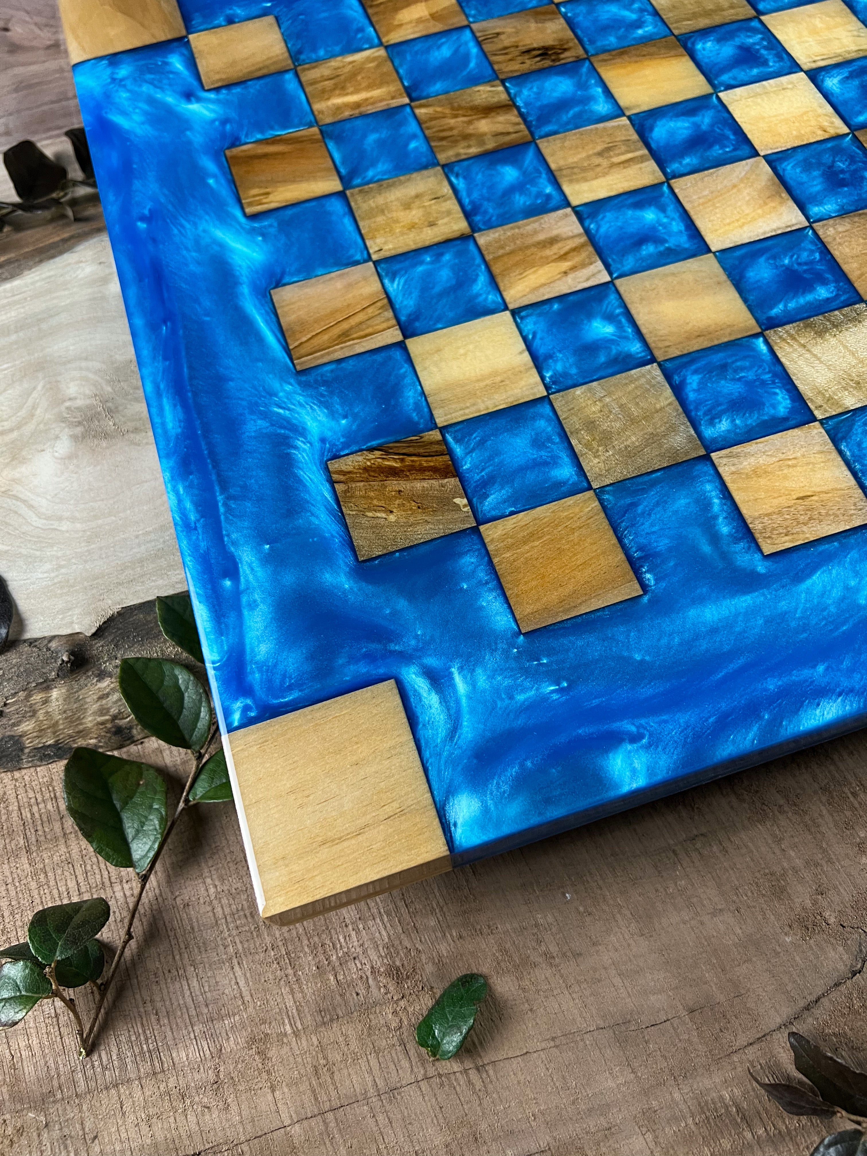 Maple Wood Caribbean Blue Chess Board