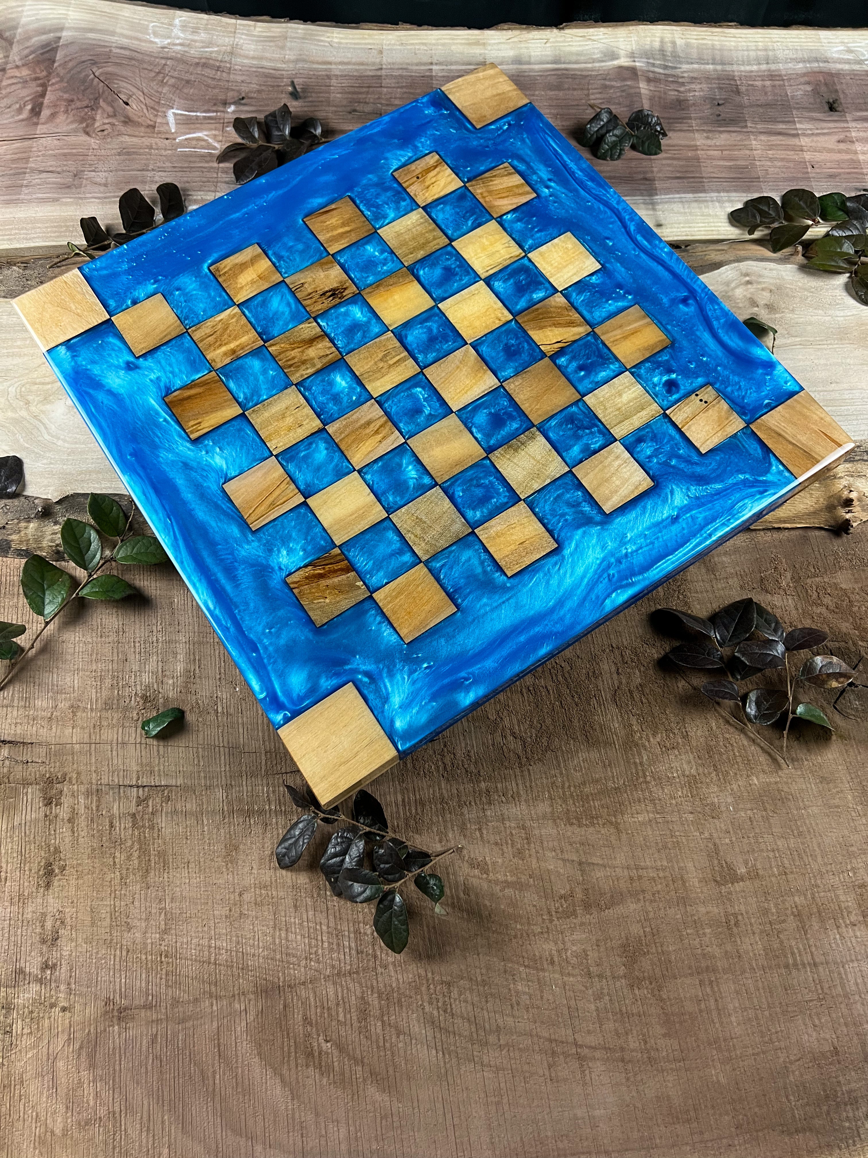 Maple Wood Caribbean Blue Chess Board