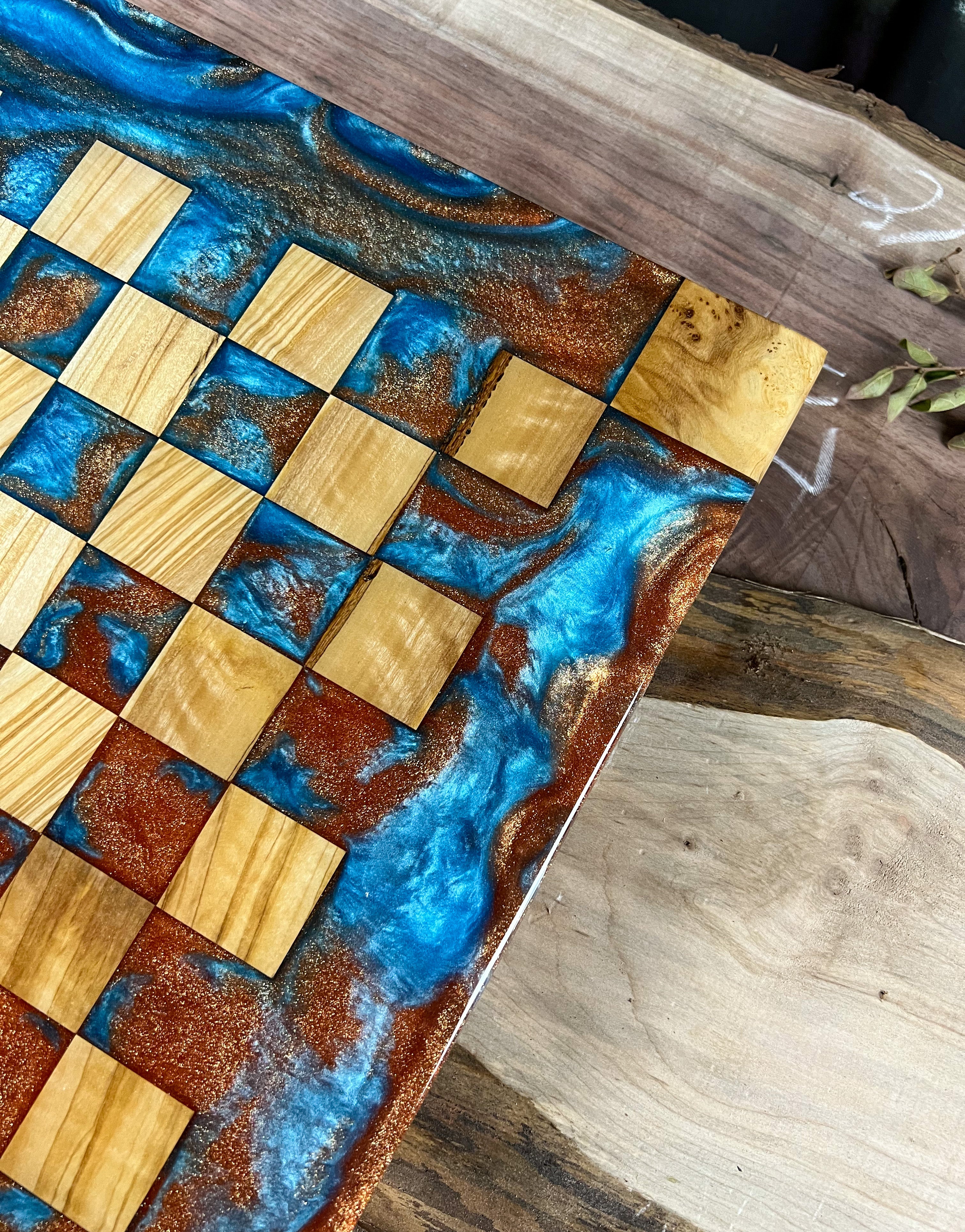 Custom Made Resin and Live Edge Olive Wooden Chess Board 