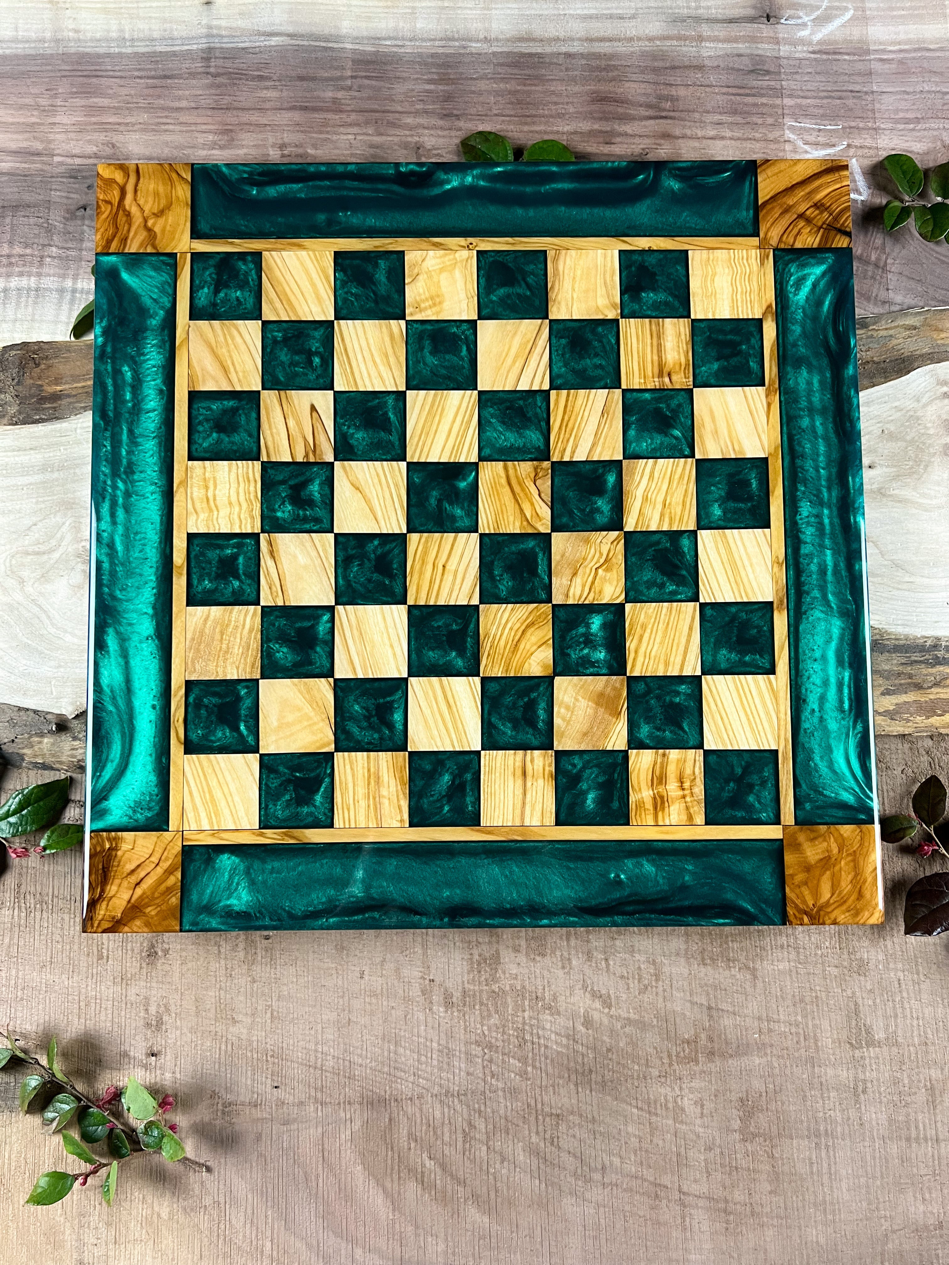 Emerald Green Olive Wood Chess Board (With Border)