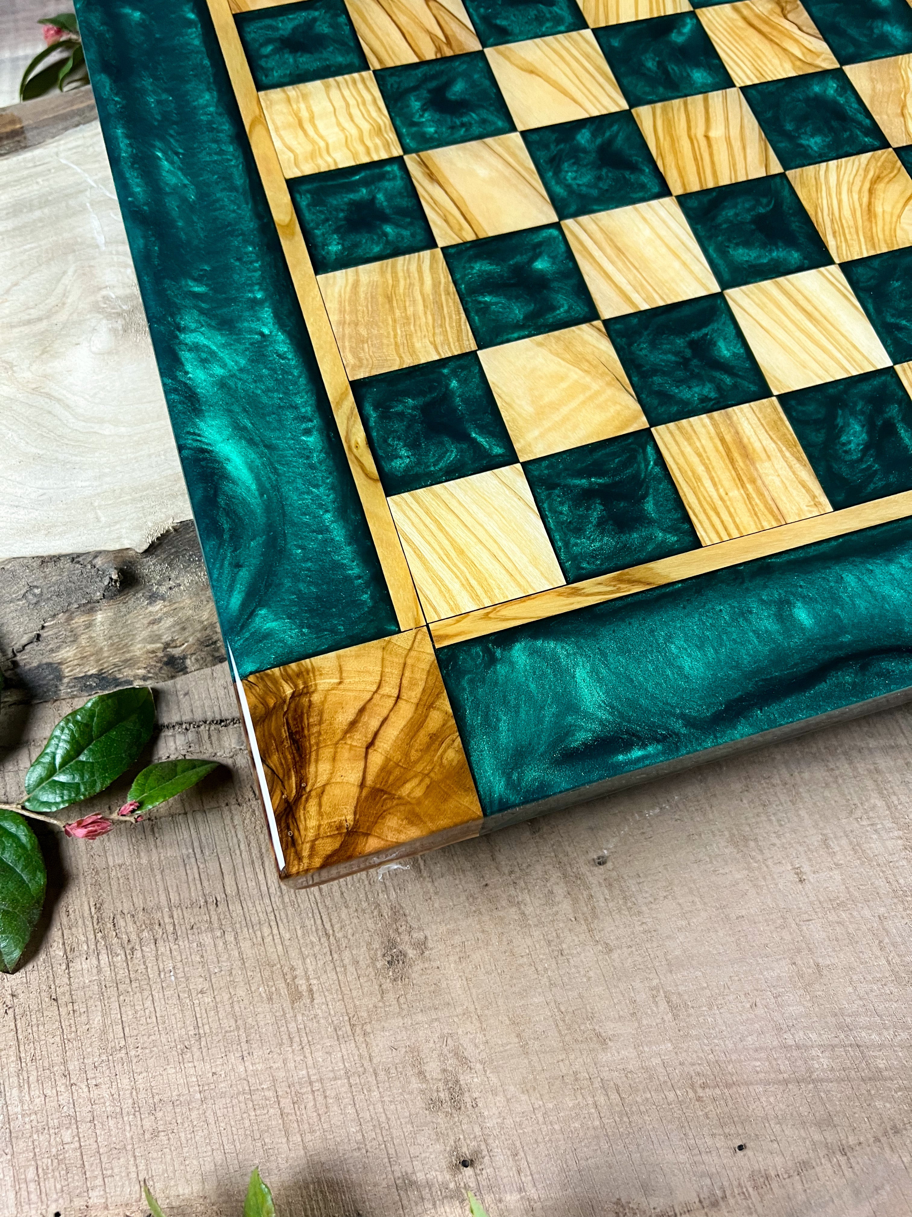 Emerald Green Olive Wood Chess Board (With Border)
