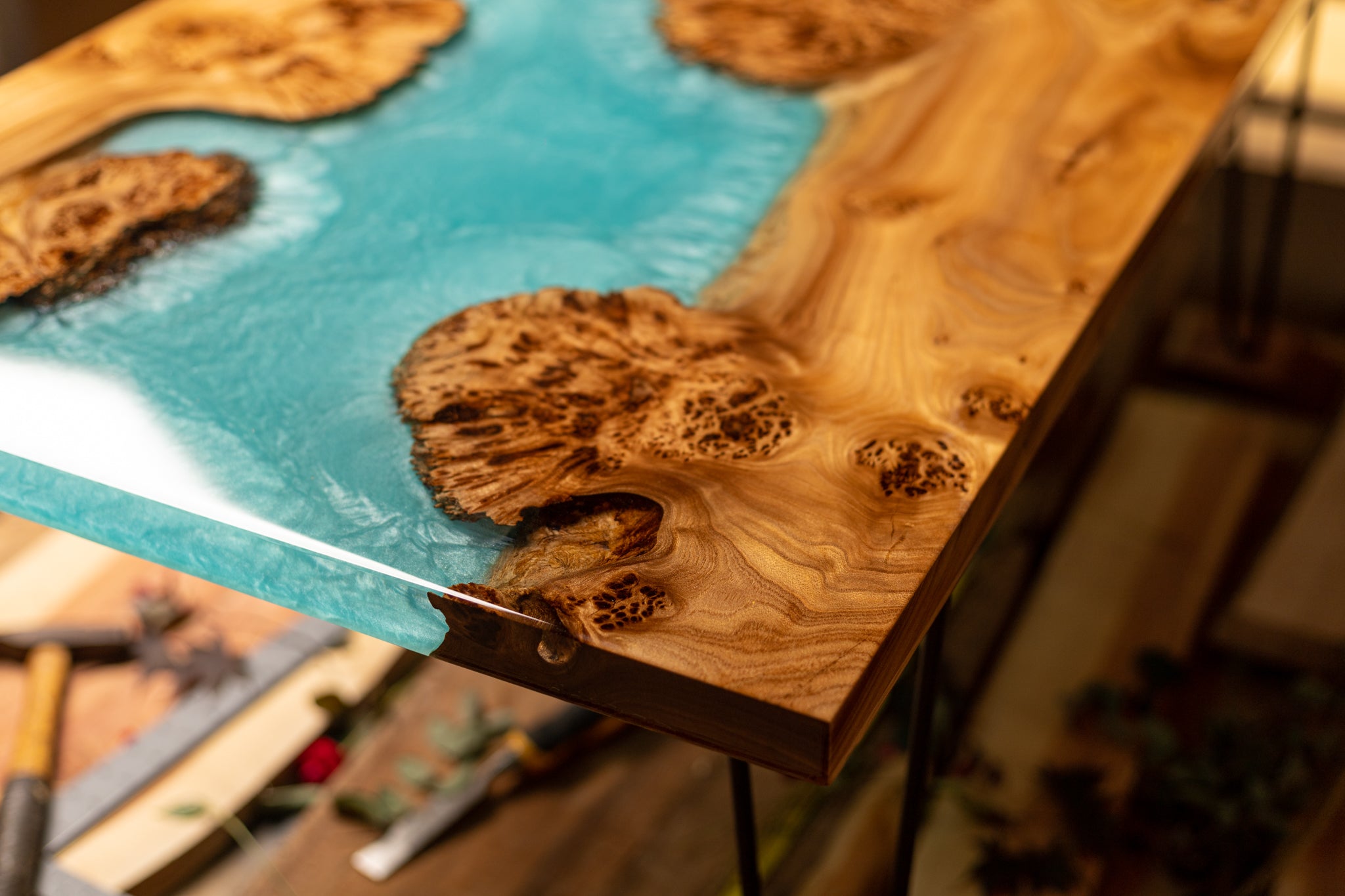 Exotic Turquoise Elm Burl Coffee Table