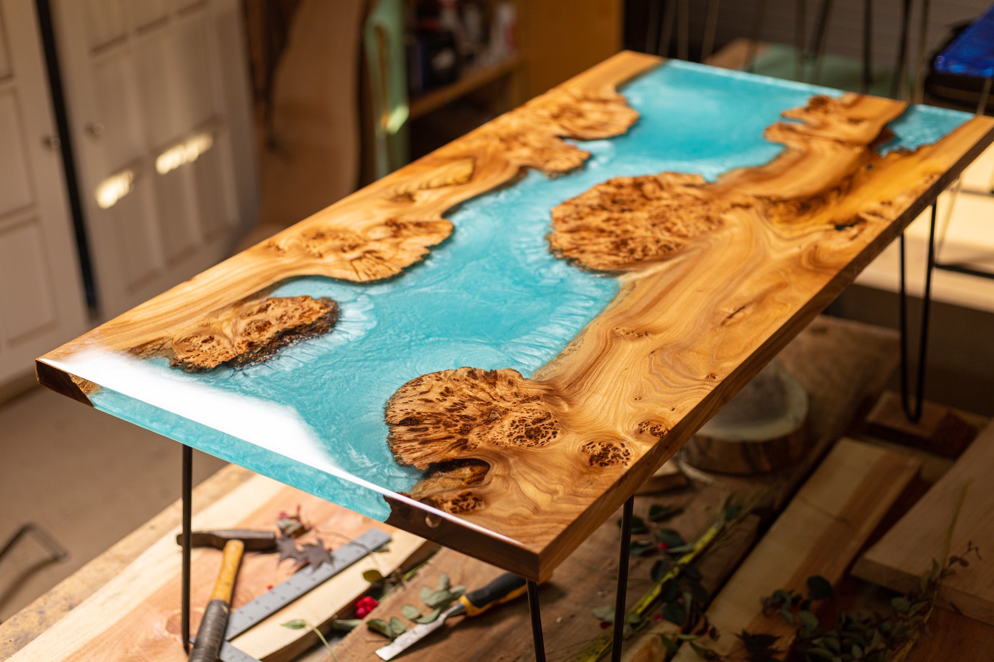 Exotic Turquoise Elm Burl Coffee Table